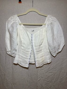 Reformation White Linen Corset Puff-Sleeve Hook-Front Blouse